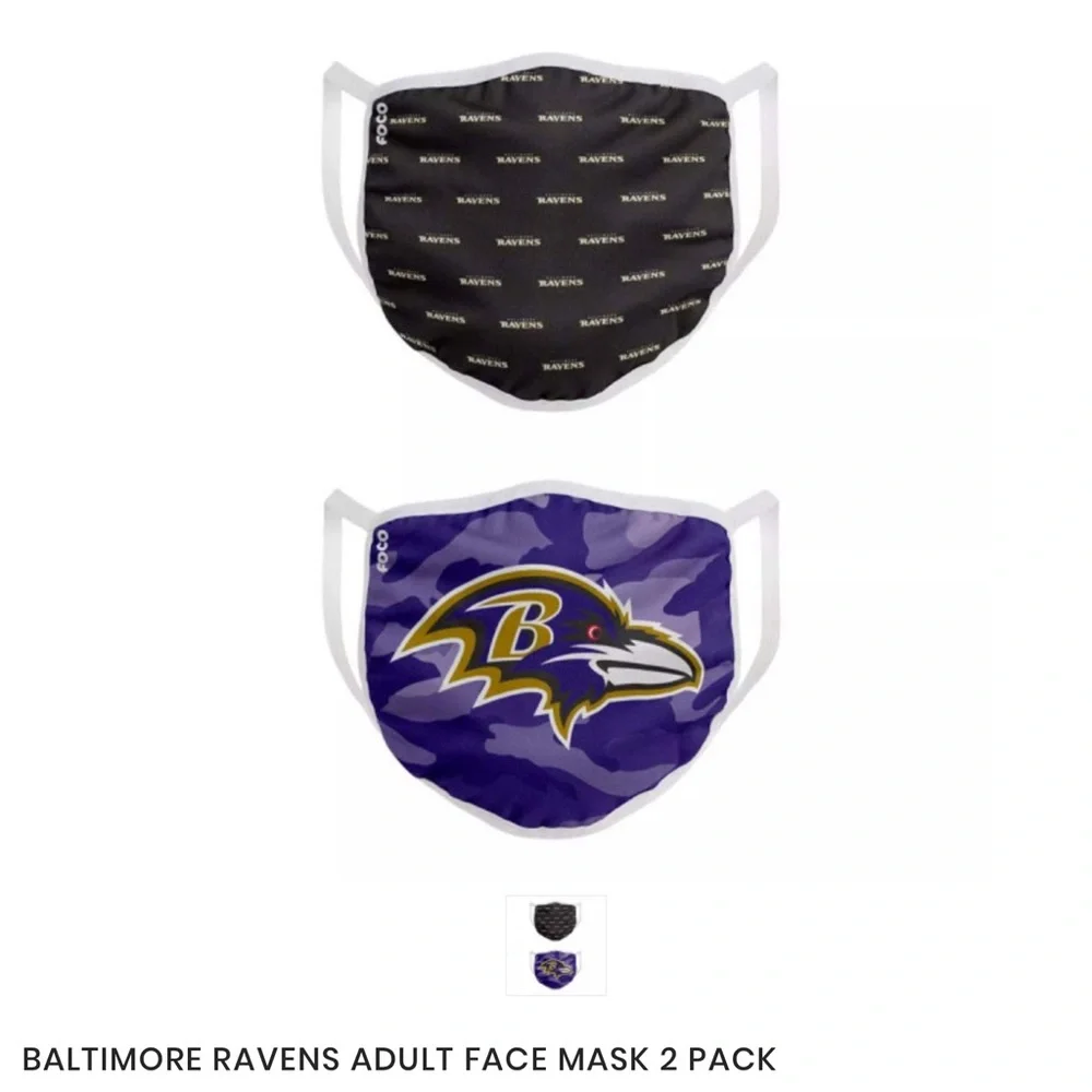 FOCO NFL BALTIMORE RAVENS 2 PACK FACE COVERINGS MASKS PURPLE BLACK UNISEX NWT
